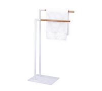 Amig - Porta asciugamani da terra bianco con barre in legno - Supporto doppio per asciugamani da bagno - Stile minimalista con base metallica stabile - Senza fori