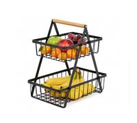 Amig - Portafrutta 2 Livelli STILO04-30 x 18,4 x 32 cm - Acciaio e Bambù - Colore Nero e Legno Naturale - Portafrutta Verticale con 2 Ceste Smontabili per Piano di Lavoro - Organizzatore Cucina