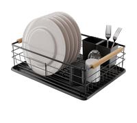 Amig - Scolapiatti Graz - 42 x 31,5 x 15 cm - Acciaio con Manico in Legno - Colore Nero - Scolapiatti con Vassoio di Sgocciolamento e Supporto per Posate - Capacità per 10 Piatti e 6 Bicchieri