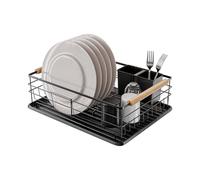 Amig - Scolapiatti Graz II Nero - 42 x 31,5 x 15 cm - Acciaio con Manico in Legno - Colore Nero - Scolapiatti con Vassoio di Gocciolamento e Supporto per Posate - Capacità 10 Piatti e 6 Bicchieri