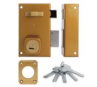 Amig - Serratura a Sovrapposizione a Destra con Leva di Chiusura - Linguetta e Maniglia per Porte in Legno - Mod. 75, 67 x 112 mm - Cilindro rotondo di sicurezza - Acciaio - Oro