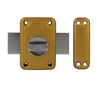 Amig - Serratura da sovrapporre con leva di chiusura e stampella interna per porte in legno mod. 80-96 x 66 mm - Chiusura con cilindro rotondo di sicurezza - Acciaio smaltato oro