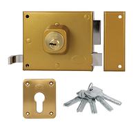 Amig - Serratura da sovrapposizione a destra con leva di chiusura, linguetta e maniglia per porte in legno mod. 73 | 100 x 85 mm | Chiusura con cilindro Europrofilo | Acciaio dorato