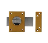 Amig - Serratura da Sovrapposizione con Leva di Chiusura e Stampellino Interno per Porte in Legno Mod. 85 | 85 x 65 mm | Chiavistello con Cilindro Rotondo di Sicurezza | Acciaio Smaltato Oro