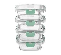 Amig - Set di 4 contenitori ermetici quadrati in vetro per alimenti - Capacità: 320 ml - 112 x 112 x 50 mm - Contenitori in vetro per microonde, forno, congelatore e lavastoviglie - Colore verde