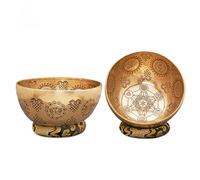 Amilav Collections Campana tibetana incisa a mano con motivo geometrico, campana tibetana realizzata a mano con incisione fine, campana tibetana con cuscino e mazza, guarigione spirituale e