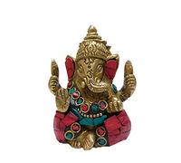 Amilav Collections The Blessing God. Statua colorata e dorata del Signore Ganesh Ganpati elefante dio indù realizzato in ottone massiccio metallo con pietra turchese
