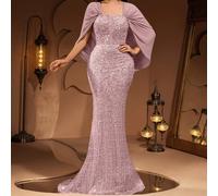 AMILUCK Abito da sera elegante di alta moda con paillettes, perline, pizzo e patchwork in chiffon, senza spalline, con maniche a scialle regolabili, taglio a sirena con coda a pesce, adatto per cene f