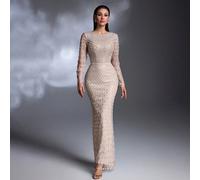 AMILUCK Abito da sera formale elegante da donna di alta gamma con paillettes e perline, collo tondo piccolo, spacco sull'orlo, maniche dritte, aderente e non elasticizzato, per feste L,M,S,XLColore un