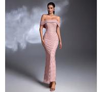 AMILUCK Abito elegante aderente di lusso di alta gamma con pesanti decorazioni in paillettes, perle e pizzo, spalle scoperte e spacco sull'orlo, per donne, autunno, matrimonio e festa L,M,S,XL,XS,XXLP