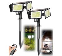 Amiluo Faretti solari 2 in 1 per esterni con paletti, 304 LED, 3000 lm, luci di inondazione di sicurezza con telecomando, 3 modalità, sensore di movimento solare, impermeabili, luci da parete per