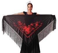 AMINA JAADE Grande scialle fenicottero Misura 195 x 95 cm senza contare le frange (30 cm), ricamato su un lato., Nero, ricamo rosso, L