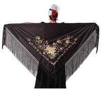 AMINA JAADE Grande scialle fenicottero Misura 195 x 95 cm senza contare le frange (30 cm), ricamato su un lato., Nero bordo oro, L