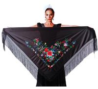 AMINA JAADE Grande scialle flamenco Misura 190X89 pollici senza contare le frange (30 cm), ricamato su un lato., Corpo nero, ricamo multicolore, X-Large