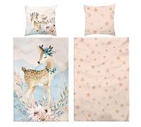 Aminata kids - Biancheria da letto in flanella, 135 x 200 cm, motivo REH, in cotone, con chiusura lampo - Calda, morbida e morbida - Set di biancheria da letto invernale in flanella