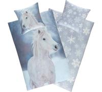 Aminata kids Biancheria da letto in flanella con cavalli, 135 x 200 cm, motivo con cavallo, calda e avvolgente, 2 pezzi, con chiusura lampo, colore: bianco, blu fiocchi di neve