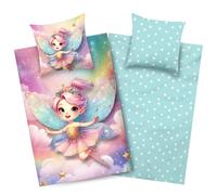 Aminata kids Biancheria da letto per bambini con fata e arcobaleno, copripiumino da 135 x 200 cm, federa da 80 x 80 cm, 100% cotone, double face, con chiusura lampo YKK