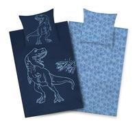 Aminata kids Dino, biancheria da letto 135 x 200 cm, per bambini, in cotone, motivo: dinosauri, set double-face, T-Rex, con chiusura lampo, blu, 2 pezzi