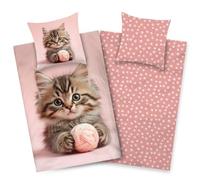 Aminata kids Set di biancheria da letto per bambine con gatto, 135 x 200 cm, in cotone, per bambini, con motivo simpatico gatto, chiusura lampo YKK, rosa