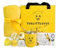 AMIND The Little Bee - Confezione regalo gialla da donna con candela al profumo di miele e sapone, bomba da bagno alla camomilla, piroscafi da doccia, coperta accogliente, bicchiere giallo,