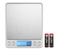 Amir - Mini bilancia digitale professionale, portatile, in acciaio inossidabile, capacità di misurazione da 3000 g a 0,1 g, ideale per alimenti e gioielli, ad alimentazione elettrica, con display LCD retroilluminato, con funzioni di calcolo della tara e PCS, batterie incluse Silver