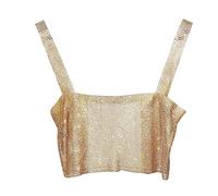 AMISENK Canotte da donna con strass scintillanti, scollo quadrato, senza maniche, crop top per night club, feste, rave, glitterate, vedere attraverso scava fuori crop top, Champagne, Taglia unica