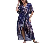 AMISENK Cardigan kimono da donna a mezza manica aperto sul davanti con stampa a righe sfumate con cintura copricostume da bagno maxi lungo e fluido camicie larghe kimono copricostume da bagno per le