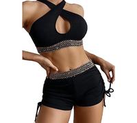 AMISENK Costume da bagno alto per le donne Due pezzi Patchwork-Twisted Costumi da bagno Controllo della pancia Costumi da bagno Lace Up Bikini Set da donna Patchwork-Twisted Costume da bagno alto