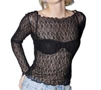 AMISENK Top in rete per le donne vedere attraverso pizzo floreale crop manica lunga tinta unita t-shirt trasparente camicetta clubwear uscire fit, Nero , L