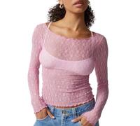 AMISENK Top in rete per le donne vedere attraverso pizzo floreale crop manica lunga tinta unita t-shirt trasparente camicetta clubwear uscire fit, F, S