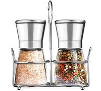 Amison Set di Macina Sale e Pepe con Supporto Abbinato in Acciaio Inox e con Ruvidità Regolabile, Confezione da 2 pezzi, in Argento