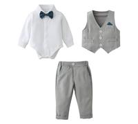 Amissz Completini e Coordinati Gentiluomo per Bambino Battesimo, 3 Pezzi Ragazzino Cerimonia Nozze Abiti Camicia Fiocco + Gilet+Pantaloni (Grigio, 3-6 mesi)
