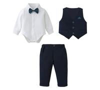 Amissz Completini e Coordinati Gentiluomo per Bambino Battesimo, 3 Pezzi Ragazzino Cerimonia Nozze Abiti Camicia Fiocco + Gilet+Pantaloni (Blu scuro, 9-12 mesi)