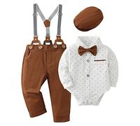 Amissz Completini e coordinati per Bambino Gentiluomo Vestito Battesimo Maschio Bambini e Ragazzi Abiti Camicia con Farfallino + Pantaloni con Bretelle + Berretti Abbigliamento Bianco, 6-12 mesi