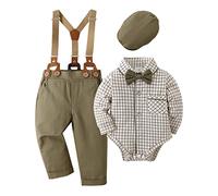 Amissz Completini e coordinati per Bambino Gentiluomo Vestito Battesimo Maschio Bambini e Ragazzi Abiti Camicia con Farfallino + Pantaloni con Bretelle + Berretti Abbigliamento Verde, 3-6 mesi