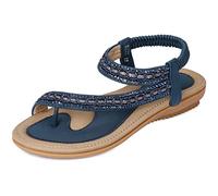 Amissz Sandali Donna Sandalo Estive Eleganti Scarpe Bassi Eleganti Strass Decorato Comodi Piatto Infradito da Mare Stile 3 Blu 43 EU