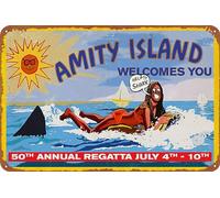Amity Island Welcomes You, targa in metallo retrò vintage per bar, decorazione da parete per casa, 30,5 x 20,3 cm