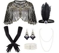 Amlisia Accessori Flapper anni '20 da donna: scialle con paillettes, copricapo, collana di perle, braccialetto, orecchini vintage, guanti lunghi neri per feste anni '20, Halloween, carnevale, Natale