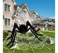 AMLOOPH Grandi decorazioni di Halloween per esterni, ragno gigante peloso da 150 cm + ragnatela triangolare da 508 cm + 60 g di ragnatele 30 mini ragni finti per spaventosi decorazioni per feste di
