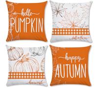 AMLOOPH Set di federe per cuscini autunnali, decorazioni autunnali a forma di zucca felice, 50 x 50 cm, in morbido peluche, quadrate, per decorazioni natalizie per interni