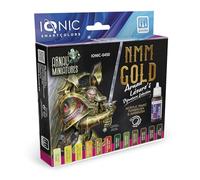 Ammo IONIC NMM Gold, il set IONIC include 10 colori acrilici e 2 inchiostri, appositamente progettati per fornire i colori essenziali per dipingere metalli non metallici in miniature