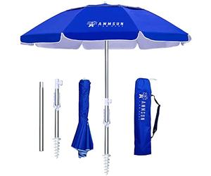 AMMSUN Ombrellone da spiaggia portatile piegato due volte con ancoraggio a sabbia, antivento, con pulsante di inclinazione e presa d'aria protezione UV 50+, si adatta in una grande valigia per patio,