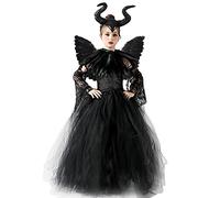 AMOBON Carnevale Malefica Costume Bambina, Ragazze, Abito da Regina Cattiva con Copricapo Cornuto e Spalline con Mantello Alato Nero per Halloween Cosplay Festa (M)