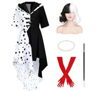 AMOBON Cruella Costume Donna Set: Abito Cruella De Vil con Parrucca, Guanti, Collana di Perle e Bastoncino Decorativo - Vestito Cruella Deville per Halloween Carnevale Cosplay (5PCS SET, XL)