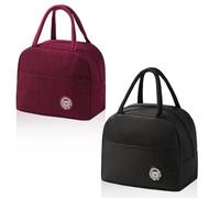 AMONENZ 2 Pezzi Borsetta Termica Piccola, Nero e Rosso Vino Borse Pranzo Ufficio, Borse Porta Pranzo Bambini con Tasche Laterali, per Ufficio, Scuola, Casa