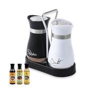 AMONENZ Saliera, 120ml con Supporto Saliera e Pepiera, Vetro e Acciaio Inossidabile Sale e Pepe, Design Bianco e Nero, per Domestico, Ristoranti e Campeggio