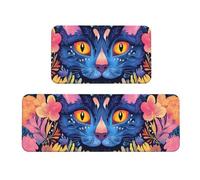 Among the Blue Cat Flowers Tappeto imbottito da cucina set di 2 tappetini comodi per la decorazione della casa lavandino, tappetini da cucina per pavimento antiscivolo lavabili, lavanderia 43 x 119 cm
