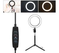 AMONIDA Lampada Fotografica Dimmerabile con Luce Anulare a LED per Treppiede con Luce Naturale Bilanciata, Bastone per Selfie, Porta USB, Lega di Alluminio da 20 Cm