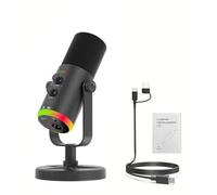 AMONIDA Microfono Dinamico a Condensatore USB con Riduzione del Rumore e Illuminazione RGB per Registrazione e Gioco, Microfono ENC per PC Desktop Laptop, Podcast per Streamer (BLACK)