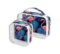 Amooorous 2 Pack Blue Rainforest Flamingo chiaro decorativo borsa da toilette set TSA approvato impermeabile trucco organizzatore borsa viaggio essenziale para maquillaje, Fenicottero blu della